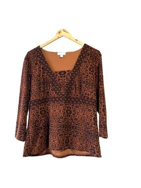 Charter Club Blouse Women's XL | Brown Floral Damask | 3/4 Sleeve | Stretchy